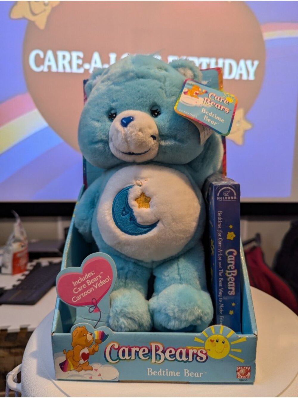 Vintage 2003 Play Along Care Bears BEDTIME BEAR Plush with VHS Cartoon